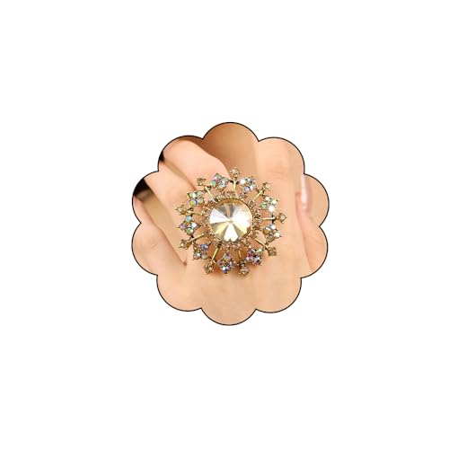 Elegant Big Crystal Ring for Women Gold Stacking Pearl Rhinestone Flower Rings Open Finger Adjustable Crystal Statement Ring Jewelry for Bridal Wedding - color: Crystal 6-gold