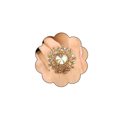 Elegant Big Crystal Ring for Women Gold Stacking Pearl Rhinestone Flower Rings Open Finger Adjustable Crystal Statement Ring Jewelry for Bridal Wedding - color: Crystal 6-gold