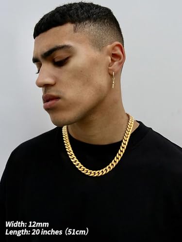 FindChic Men Curb Chain Necklace 18K Gold Plated/Stainless Steel/Black Chunky Double Tight Cuban Link Hip Hop Neck Chains for Men Boys 3.5MM/5MM/6MM/7MM/9MM/12MM 14''-30'' 8 Length Options (Send Gift Box) - color: F.12mm Width-Gold, size: 20 inches
