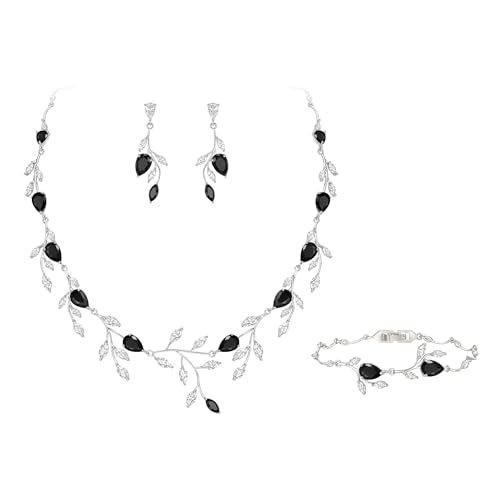 Cubic Zirconia Leaf Vine Wedding Jewelry Set for Bride Women Bridesmaid | Pear-Shaped Birthstone, Necklace Dangle Earrings for Bridesmaid, Silver-Plated-Brass - color: 3pcs_Black