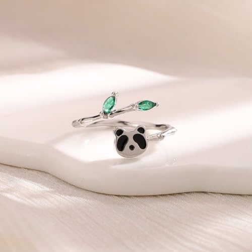 Adjustable Leaf Stackable Rings for Women Cubic Zirconia Stones Blue Leaves Purple Flower Open Band Stacking Finger Sliver Rings Fashion Plant Floral Aesthetic CZ Jewelry - color: bamboo panda