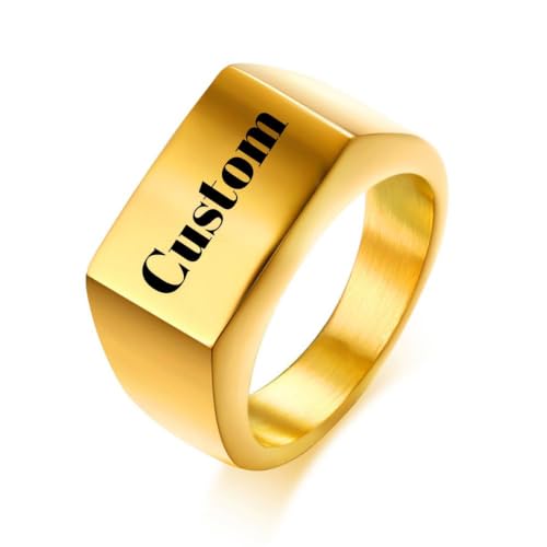 Stainless Steel Square Signet Rings for Men Women Gold/Silver Plain Pinky Thumb Ring, Gift for Dad Husband - color: Gold-Custom