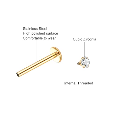 Xpircn Flat Back Stud Earrings 14K Gold Plated Internally Threaded CZ Stud Piercing Jewelry for Tragus Helix Cartilage Conch Nose Hypoallergenic Lip Labret Medusa Piercing 16G 18G - color: 16 Gauge, Gold, size: 12mm Bar