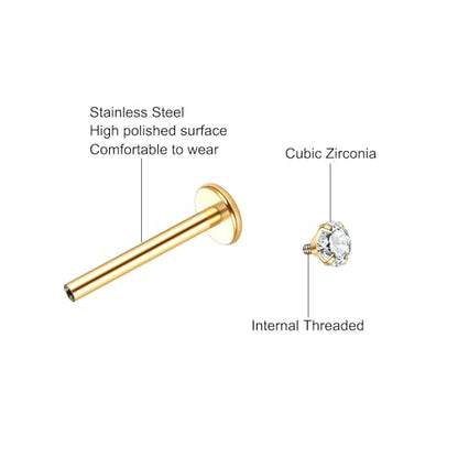 Xpircn Flat Back Stud Earrings 14K Gold Plated Internally Threaded CZ Stud Piercing Jewelry for Tragus Helix Cartilage Conch Nose Hypoallergenic Lip Labret Medusa Piercing 16G 18G - color: 16 Gauge, Gold, size: 12mm Bar
