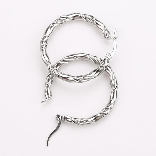 Cable Hoop Earring for Women Light-Weight Twisted Italian Design Round Hoop Earrings Diameter 25mm - color: 2-silver