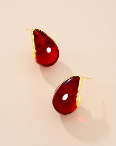 SNGIA Oval C Shape Chunky Dangle 18K Gold Plated Hoops with Colored Resin Gemstone Statement Earrings for Women by SNGIA, (Green, Brown, Blue, Pink, White, Cream), Long Bold Drop Handmade Exaggerated Irregular Trendy Bohemian Jewelry Gifts, Unique Danglin