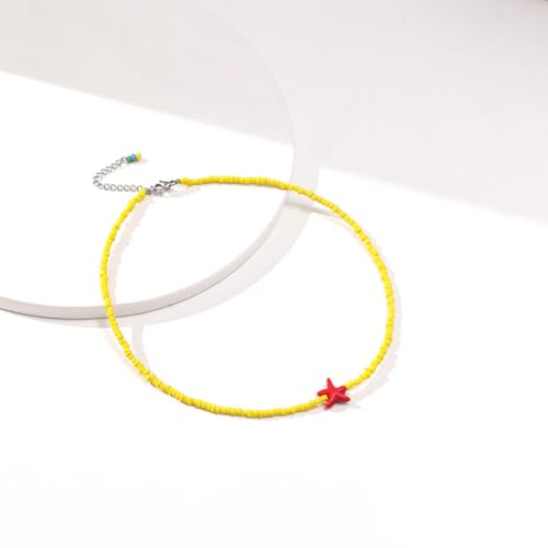Seed Bead Choker Necklace for Women Bohemian Tiny Beads Choker Colorful Rice Bead Starfish Choker Summer Surfer Beach Necklace Jewelry Gift - color: Yellow