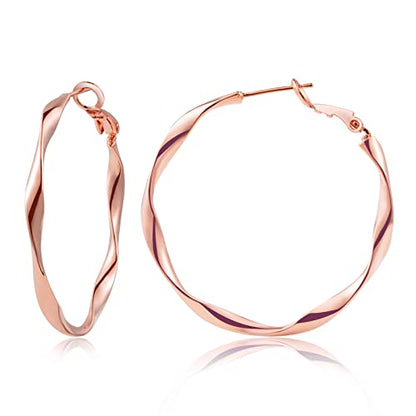 24K Gold Hoop Earrings for Women Trendy Real Gold Plated Twisted Thin Huggie Hoops, Dainty Cute Big Gold Filled Dangle Hoop Earrings Nickel Free Womens Earrings for Sensitive Ears Hypoallergenic - style: Rose Gold 40mm