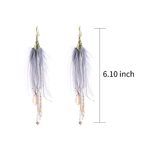 Bohemian Feather Dangle Earrings for Women with Shell Beads Long Tassel Design Drop Earrings - style: Style-Light Gray