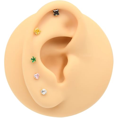 8 Pcs-Pack, Crystal Nose Studs, 20G Stainless Steel, 3mm Zircon, Multiple Shapes Zircon Labret Nose Piercing Ear Jewelry - color: Seven-Color