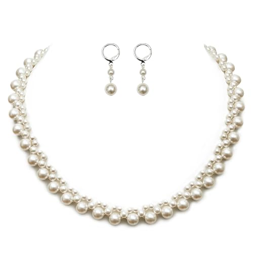 S SUSANN Costume Layered Twisted Gold Pearl Necklace Choker Chunky Glass Statement Pearl Necklace and Earring set, good gift for women Faux pearl necklace set - style: Hand weaved floral choker set
