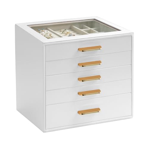 Homeanda Glass Lid Jewelry Boxes for Women, 5-Layer PU Leather Organizer with 4 Drawers, Display Storage for Rings Necklaces Earrings Bracelets Watches, Gift for Wife and Girls (White) - color: White, size: 5 Layer (9.7"D x 8"W)