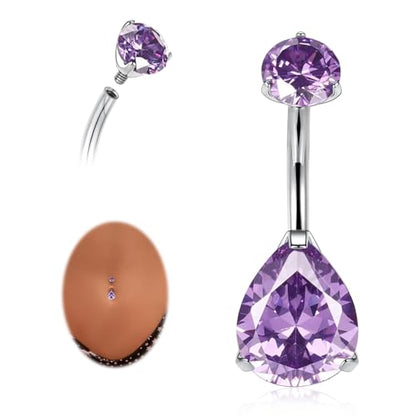AROWRO Gold Belly Button Ring G23 Titanium Hypoallergenic 14G belly ring for Women Men Teardrop Navel Piercing Jewelry 10mm Barbell With Cubic Zircon - color: Silver+Teardrop Purple CZ