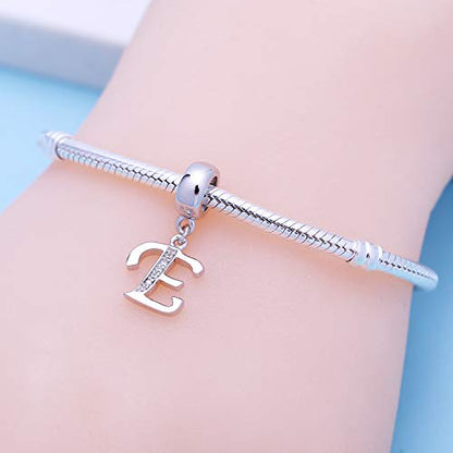 925 Sterling Silver Charms Alphabet Beads fit Pandora Charm Bracelets A-Z Letter Initial Spacer Dangle Clear CZ Stone Authentic for Snake Chain Bracelets - color: E