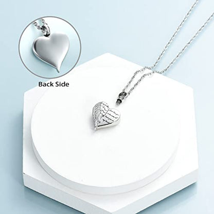 shajwo Cremation Heart Urn Necklace Ashes Jewelry for Women Men Keepsake Pendant Memorial Locket Ash Holder - color: Wing-Silver