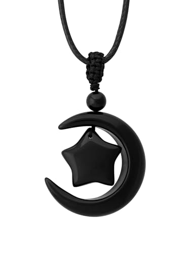 MINACHI Gothic Black Obsidian Moon Star Pendant Necklace with Braided Cord, Goth Celestial Jewelry Gift for Men and Women