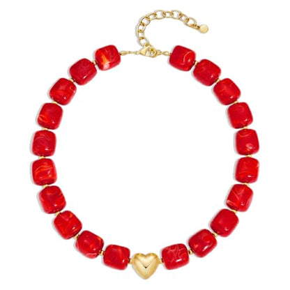 Multicolor Beaded Necklace,Chunky Cube Beaded Statement Necklace, Boho Resin Choker Necklace for Women,Lightweight & Cool, Suitable for Beach, Vacation, Daily Wear & Summer Parties - color: Red-Heart
