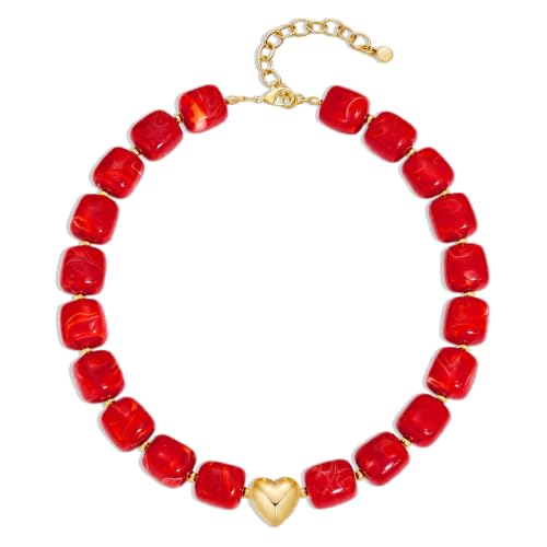 Multicolor Beaded Necklace,Chunky Cube Beaded Statement Necklace, Boho Resin Choker Necklace for Women,Lightweight & Cool, Suitable for Beach, Vacation, Daily Wear & Summer Parties - color: Red-Heart