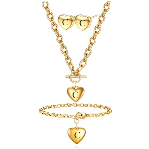 Women's 3 Pieces Heart Name Initial Necklace, Bracelet, Earrings, Jewelry Set Stainless Steel A-Z letters Jewelry Suits - color: Gold, size: C