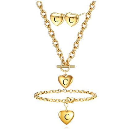 Women's 3 Pieces Heart Name Initial Necklace, Bracelet, Earrings, Jewelry Set Stainless Steel A-Z letters Jewelry Suits - color: Gold, size: C