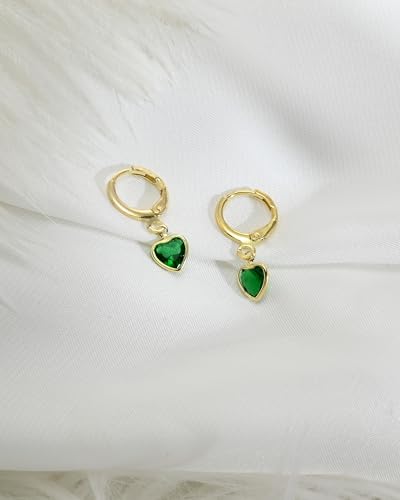 Small Emerald Heart Dangling Huggie Earrings 14K Gold Plated Hoop Earrings for Women Dainty Green Heart Earrings Gift for Mom Girlfriend
