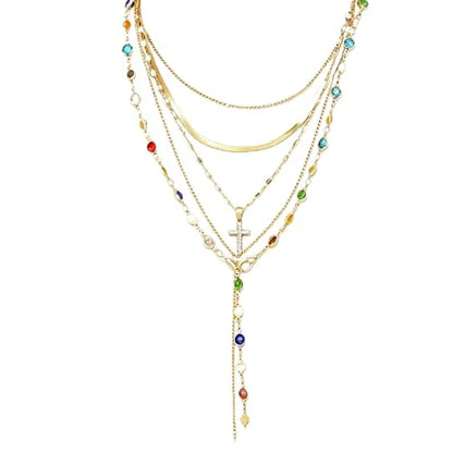 QCWN Gold Layered stacked Necklaces for women 3PS Chunky Statement Necklaces Stack Mixed Metal Charm Necklace for Women Trendy Coin Jewelry Gift for Her Gifts - style: Layered stack 10