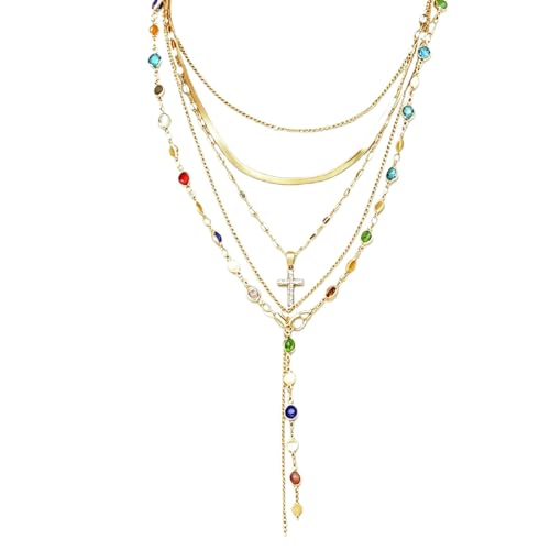 QCWN Gold Layered stacked Necklaces for women 3PS Chunky Statement Necklaces Stack Mixed Metal Charm Necklace for Women Trendy Coin Jewelry Gift for Her Gifts - style: Layered stack 10