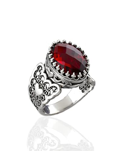 Filigranist 925 Sterling Silver Handcrafted Filigre Art Double Heart Detailed Women Cocktail Ring with Gemstones - color: Ruby Quartz
