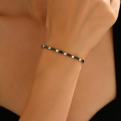 18K Gold Plated Multi-Color Classic Tennis Bracelet for Women Dainty Color 3mm Rainbow Cubic Zirconia Bracelet Adjustable CZ Gold Bracelets Trendy Summer Jewelry Gift - style: Black-Gold