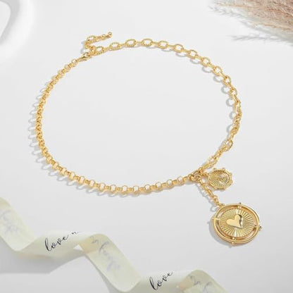 Chunky Gold Necklace for Women, 18K Waterproof Heart Necklace Statement Necklace Gold Charm Necklace Chunky Jewelry Paperclip Chain Choker Gift for Women - style: Heart Sun Coin