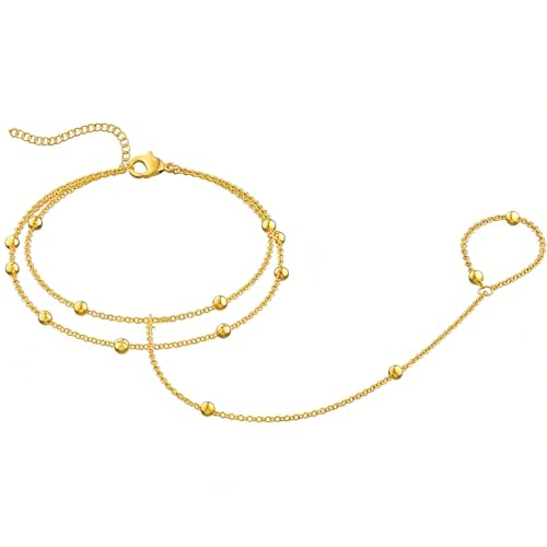 Evil Eye, Heart, Cross-Gold Ring Bracelet Hand Chain Layered Finger Bracelets for Women Delicate Link Chain Jewelry - style: 2 layered satellite chain bracelet-gold