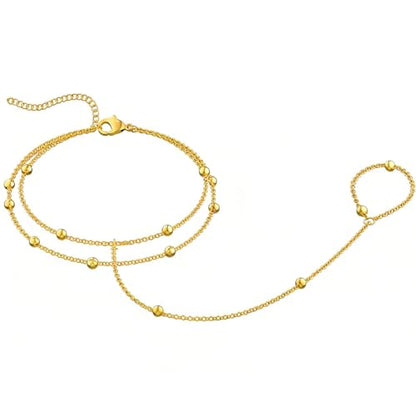 Evil Eye, Heart, Cross-Gold Ring Bracelet Hand Chain Layered Finger Bracelets for Women Delicate Link Chain Jewelry - style: 2 layered satellite chain bracelet-gold