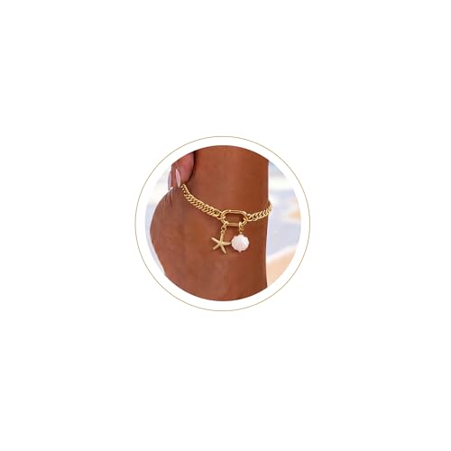 Moodear Gold Ankle Bracelets for Women Waterproof,14K Gold Plated Anklets | Waterproof, Non Tarnish Cuban Link Anklets, Trendy Jewelry Accessories for Summer Vacation, Beach Gifts for Women - style: Cuban Starfish Shell