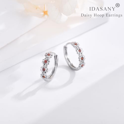 Sterling Silver Hoop Earrings for Women, Dainty Small Huggie Hoop Earrings | Hypoallergenic Daisy Color Cubic Zirconia Flower Hoops Earring Jewellery Gifts for Ladies Birthday Wedding, 12mm Hoop - color: Red