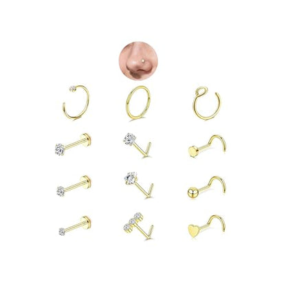 20G Nose Rings Hoop Set for Women, 12PCS Hypoallergenic Stainless Steel Comfortable for Ear Stack Daily Wear Dainty Non Tarnish Nose Hoop Stud Set, L Shaped CZ Threadless Flat Back Nose Stud Piercing Jewelry - color: 20G(0.8MM)-Gold