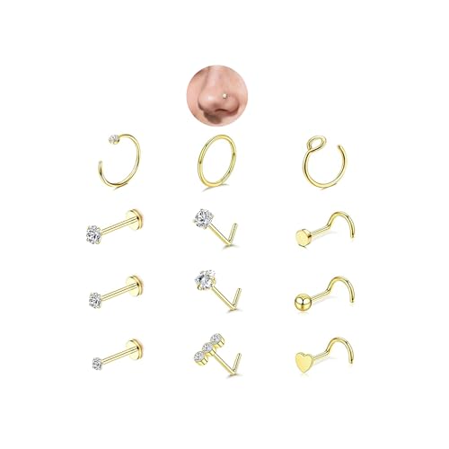 20G Nose Rings Hoop Set for Women, 12PCS Hypoallergenic Stainless Steel Comfortable for Ear Stack Daily Wear Dainty Non Tarnish Nose Hoop Stud Set, L Shaped CZ Threadless Flat Back Nose Stud Piercing Jewelry - color: 20G(0.8MM)-Gold