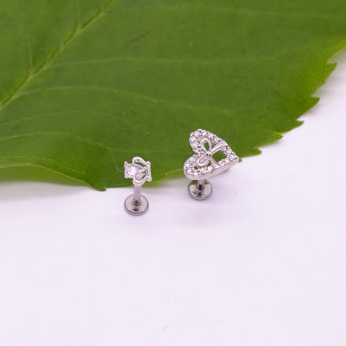 VERAMI 16G Surgical Steel Pushin Lip Rings Butterfly Flower Bee Nose Stud Rings Top Push in Threadless Flat Back Nose Rings Studs Cartilage Earrings for Womens - color: Silver-Crown Heart