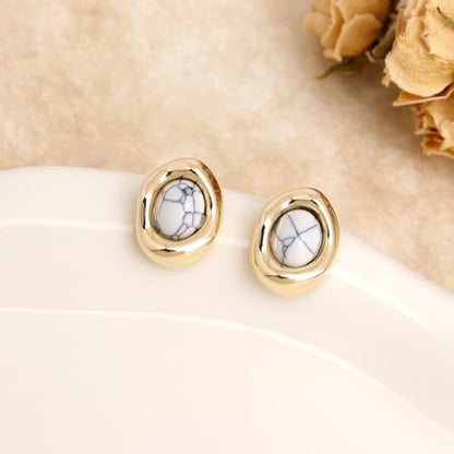 Jean Beau Chunky Gold Stone Stud Earrings for Women, Trendy Natural Gemstone Hypoallergenic Earing Valentine Jewelry Gift - color: White Turquoise
