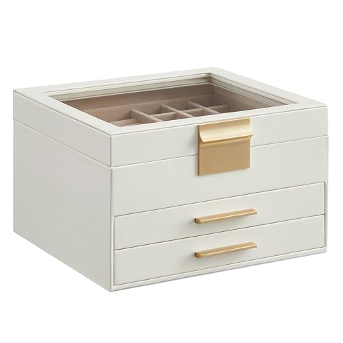 SONGMICS GISELLA Collection - Jewelry Box Organizer with Glass Lid, 3-Layer Jewelry Storage, with 2 Drawers, Modern Style, 8 x 9.1 x 5.3 Inches, Cloud White and Gold Color UJBC239WT - color: Cloud White + Gold, size: 3 Layer (8"d X 9.1"w)