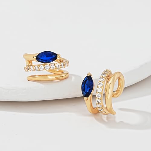 Gold Ear Cuff Earring for Women 14K Gold Plated Cubic Zirconia Non-Pierced Clip on Cartilage Chunky Ear Cuffs Hypoallergenic Jewelry - style: blue eye / pair