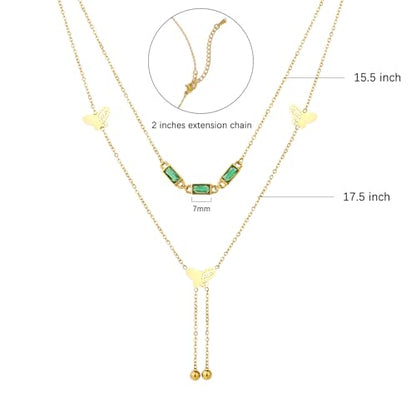 Emerald Cut Y Shaped Necklace for Women 18K Gold Plated Double Layered Y Lariat Necklace Jewelry Gift - color: Style11-Green