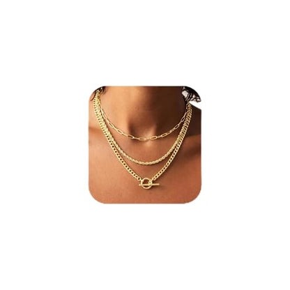 Turandoss Layered Necklaces for Women, 14K Gold Plated Chain Necklace Stack | Non Tarnish Gold Necklaces for Women, Toggle Clasp Herringbone Rope Satellite Cuban Link Chain Necklace, Trendy Jewelry Gifts - color: "paperclip+rope+toggle