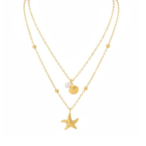 Gold-plating Necklaces for Women, Pearl Seashell Flower Pendant Necklace, Boho Lariat Long Necklace Set, Trendy Summer Beach Jewelry - color: Gold 3