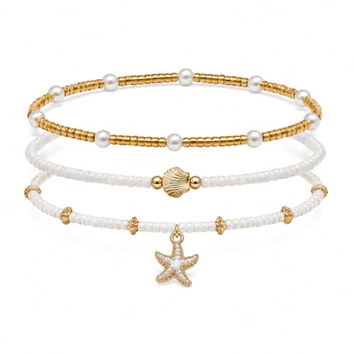 Ankle Bracelets for Women Gold Anklet Set Boho Vacation Gift | Gold anklet set for women 5 styles with matching gift pouch.Boho adjustable non-tarnish jewelry.Perfect present idea. - color: Starpearl