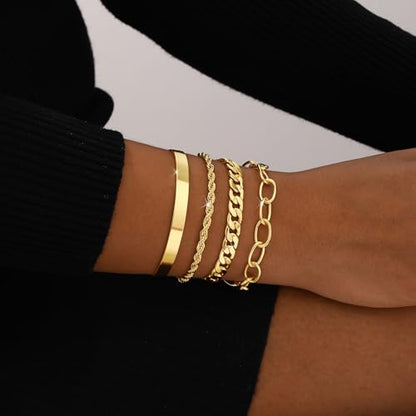 MFRYK Gold/Silver Bracelets For Women,Trendy 14k Gold/Silver Plated lightweight Dainty Chunky Thin Cuban Link Paperclip Chain Tennis Bangle Bracelets Stack Set,Ring Hand Chain Bracelet,Gold Jewelry Gift For Women Fashion Accessories - style: 4Pcs cuff ban