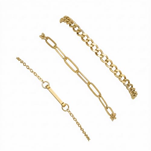 3PCS Gold Bracelet Set for Women, 14K Gold Plated Initial Letter Jewelry, Layered Paperclip and Cuban Chain Stack, Adjustable Stainless Steel Gift - style: Initial-I