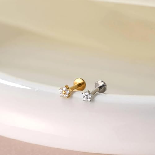 Flat Back Stud Cartilage Earrings Tragus Helix Piercing Jewelry Titanium | Conch Nose Piercing,Small Tiny Studs for Women,Threadless/Internally Threaded,Surgical Steel,Hypoallergenic,16G/18G/20G - color: Silver04-Flower (6mm*1+8mm*1), size: Internally Thr