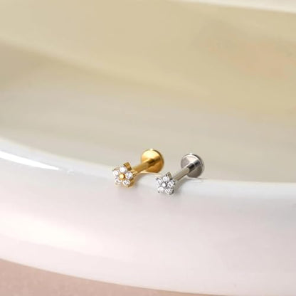 Flat Back Stud Cartilage Earrings Tragus Helix Piercing Jewelry Titanium | Conch Nose Piercing,Small Tiny Studs for Women,Threadless/Internally Threaded,Surgical Steel,Hypoallergenic,16G/18G/20G - color: Silver04-Flower (6mm*1+8mm*1), size: Internally Thr
