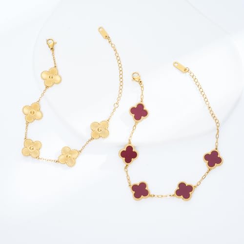 Waterproof Four-Leaf Clover Bracelet,Adjustable Link Double Sided Jewelry, Lovely Fashion Jewelry Gift for Women - color: Gold Bracelet + Red Bracelet