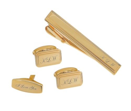 Personalized Gold Beveled Edge Cufflinks & Tie Clip Set Monogram Custom Engraved Free - Men’s Formal Gift - Ships From USA